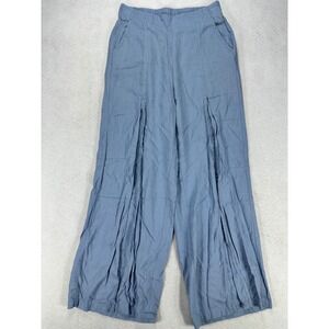 HG Linen Blend Wide Leg Slit Front Pants Dusty Blue Small Elastic Waist Pockets